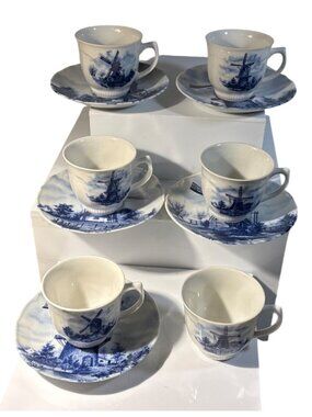 Ter Steege BV Delft Blauw Demitasse Cup & Saucer Set 6 Cups 5 Plates Windmills